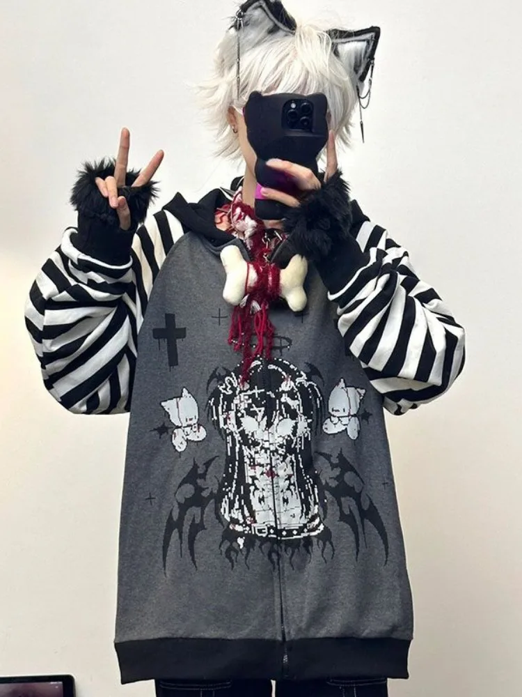 Harajuku Stripe Patchwork Hooded Tops Streetwear Oversized Y2k Aesthetic Autumn Hoody Women Grunge Printing Cat Ears Sweatshirt