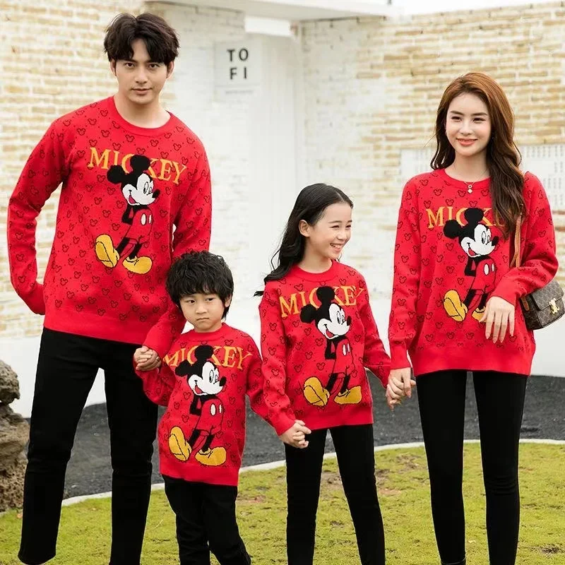 Winter Family Matching Clothes Sweaters Cartoon Mickey Mouse Print Mother Daughter Father Son Long Sleeve Top Coat Mommy Outfit