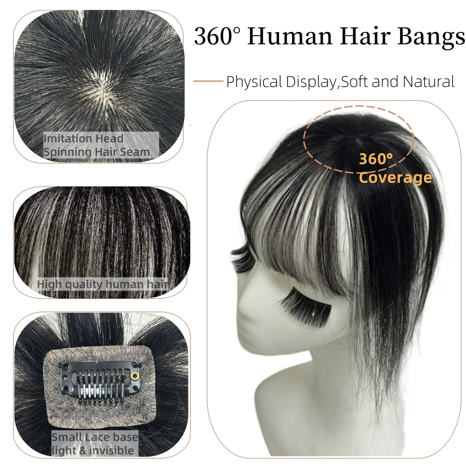 Natural Human Hair Fringe 360° Full Coverage Clip Ins Bangs Transparent Lace Air Bangs Women Hairpiece Fake Bangs Breathable