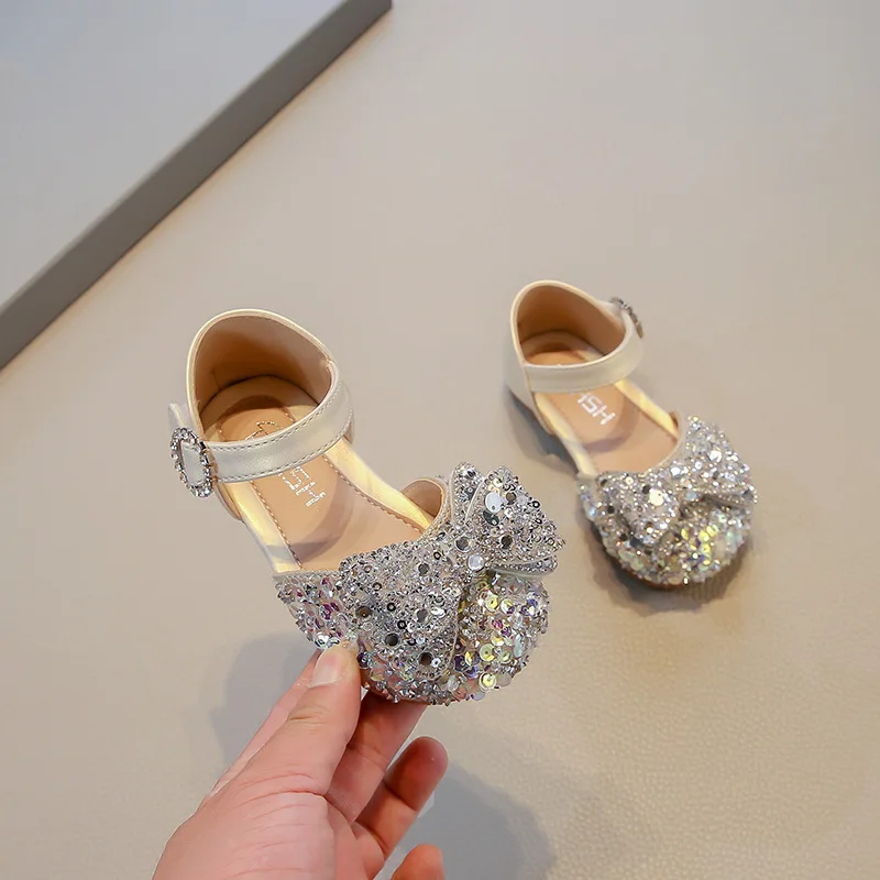 

New Girls Half Sandals Baby Girl Bow Princess Spring Autumn Shoes Girl Sequins Dance School Student Loafer