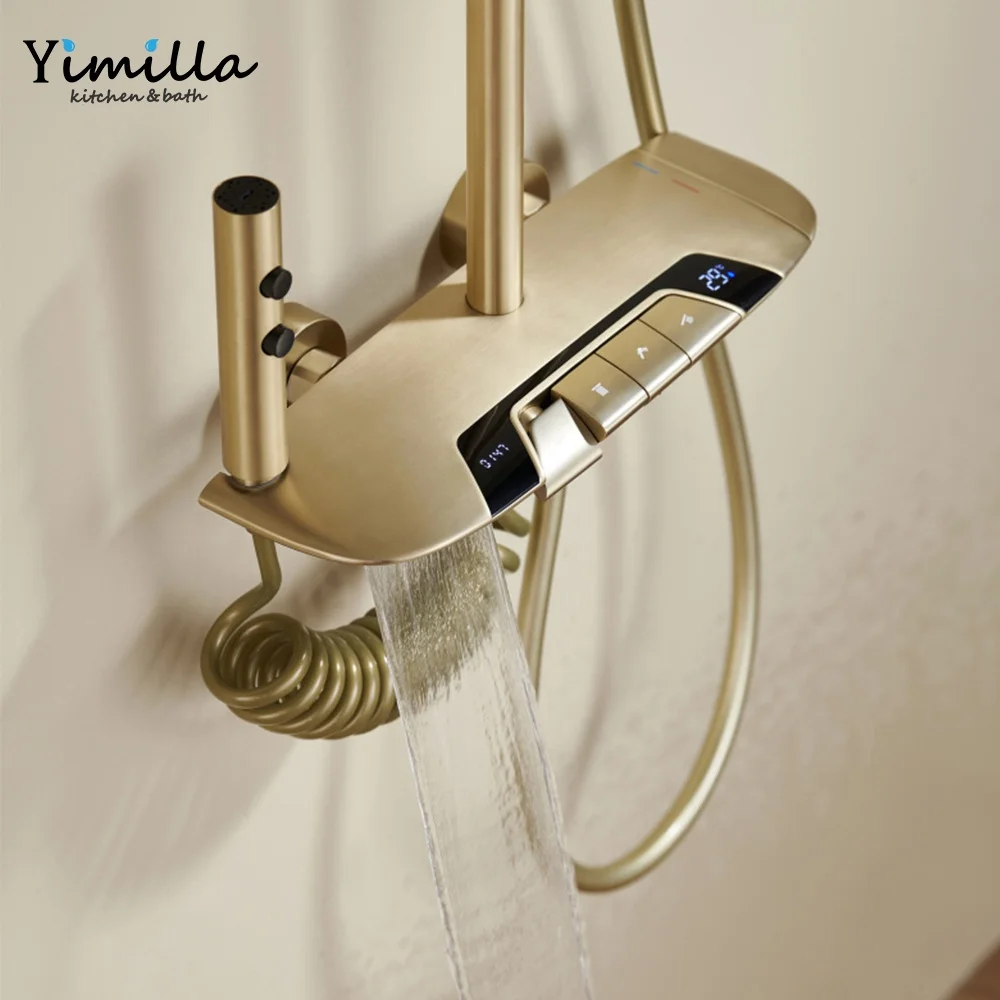 Luxury Brushed Gold Wall Mounted Thermostatic Shower Mixer Brass Waterfall Shower Set Massage/Jet/Pause/Soft Spray Slide Bar
