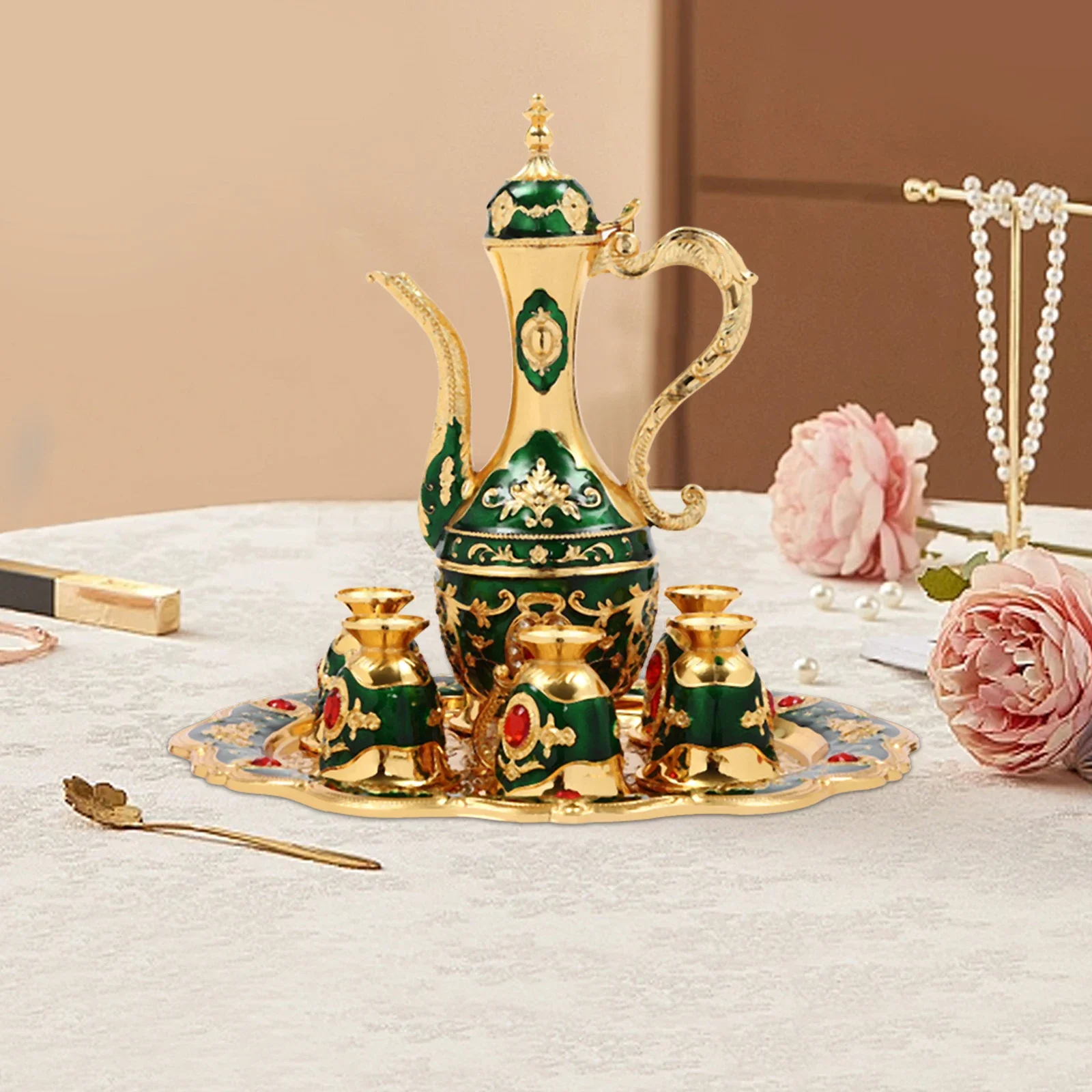 

Tea Set with 8.45Oz Teapot and 1.01Oz Teacups, High-Quality Zinc Alloy, Multi-Functional for Tea, Coffee, and Wine, Exquisite