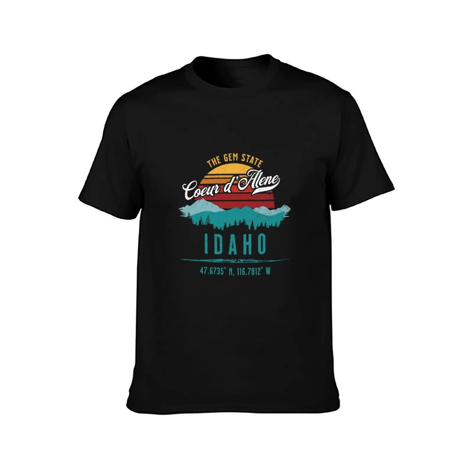 Retro Coeur D'Alene Idaho Vintage Mountains Sun Souvenirs T-Shirt Large Size Soft Cotton T-Shirt