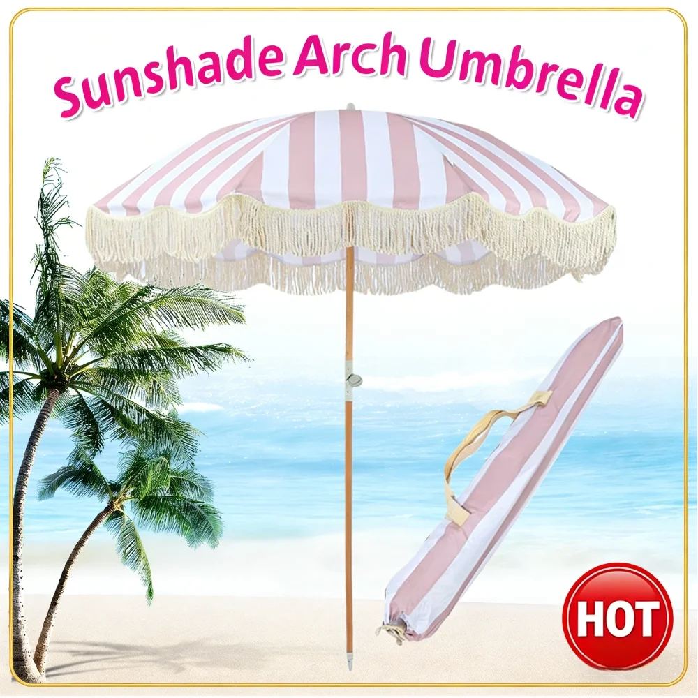 

Striped Beach Umbrella with Fringe UPF50+ Sun Protection Outdoor Sunshade Umbrella Tilt Pole Portable Tassel Umbrella for Garden