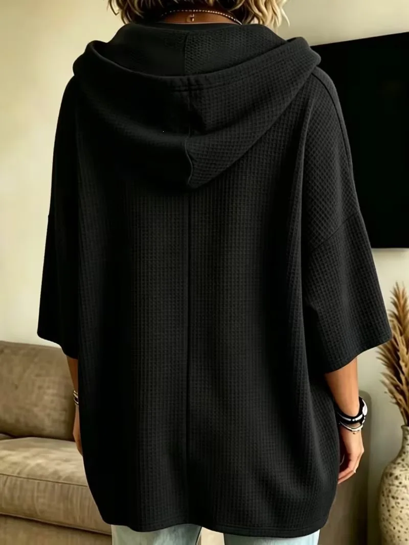 Neuer Waffelstrick-Hoodie mit Kordelzug, Lässige, lockere Oberbekleidung aus Strickmaterial – Detail 8
