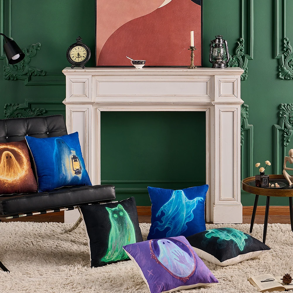 1PC Halloween Ghost Mirror Cushion Cover Spooky Cat Ghost Printed Pillow Cover Home & Party Decorative