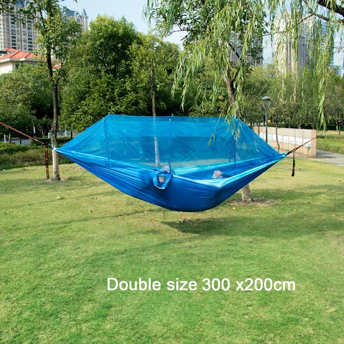 Imagen 2 del producto Hamaca para dormir colgante para acampar al aire libre, portátil, de tela de nailon de tamaño individual y doble, con mosquitera