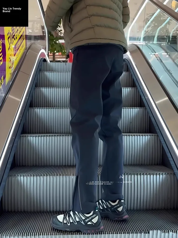 

Мужские брюки для активного отдыха с флисовой подкладкой, мягкие, с боковой молнией, рабочие штаны, осенне-зимние термолеггинсы, повседневные брюки