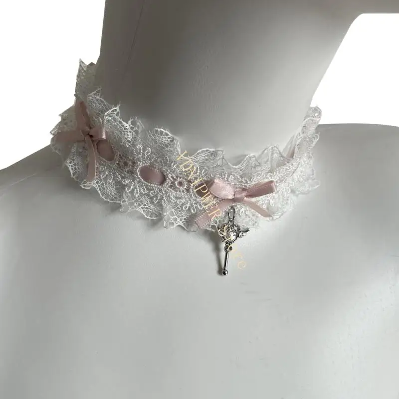 قلادة من الدانتيل قلادة قلادة من الدانتيل مع قلادة مفتاح جناح القلب للنساء D08E #3