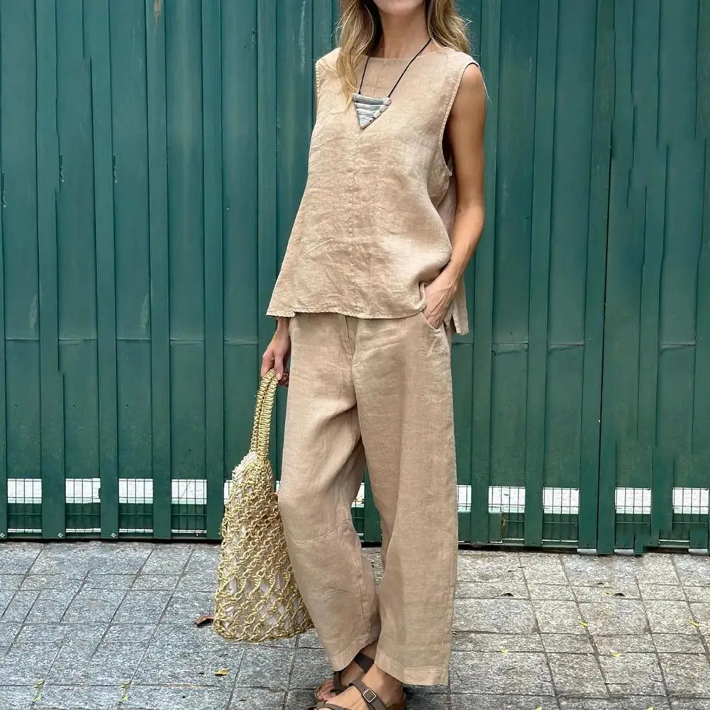 

Женский комплект из жилета и брюк, Женский комплект из жилета и брюк с эластичным поясом и боковыми карманами, спортивная одежда для ношения, комплект из 2 предметов, свободный крой