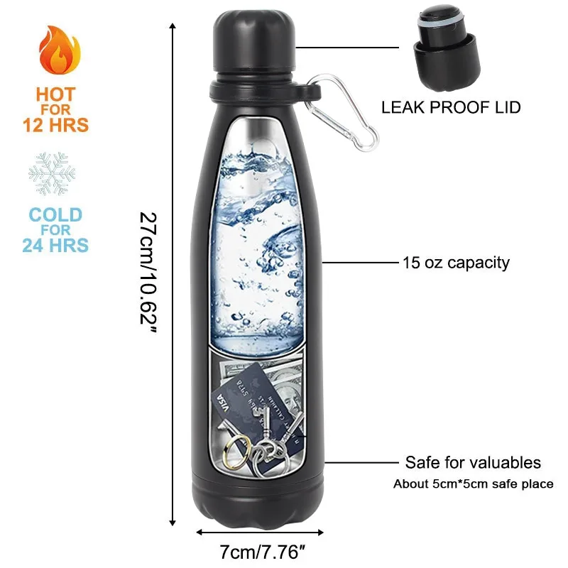 Botella de agua de acero oculta, caja fuerte oculta, compartimento de almacenamiento para tarjetas, llaves, dinero en efectivo