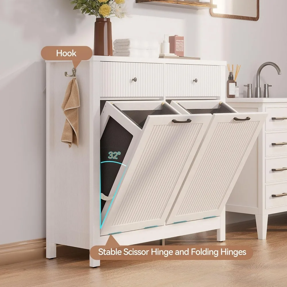 خزانة سلة الغسيل مع سلة مهملات قابلة للإمالة وسلة تخزين، طراز مزرعة سعة 10 جالون، تصميم حبوب خشبية مخفية