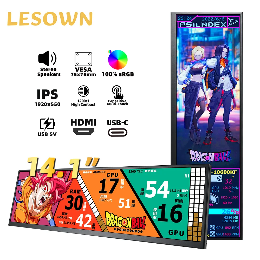 

LESOWN 12.6 14.1 Inch LCD Stretched Bar Monitor 100%sRGB USB C HDMI 1920x550 IPS PC Temp Sensor Panel Side Display Plug & Play