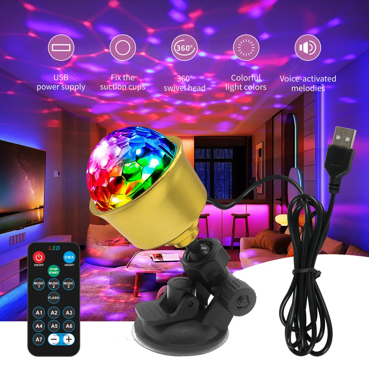 

USB-светильник для автомобиля с музыкальным управлением, разноцветная мигающая лампа, декоративная ритмичная световая лента для салона с присоской