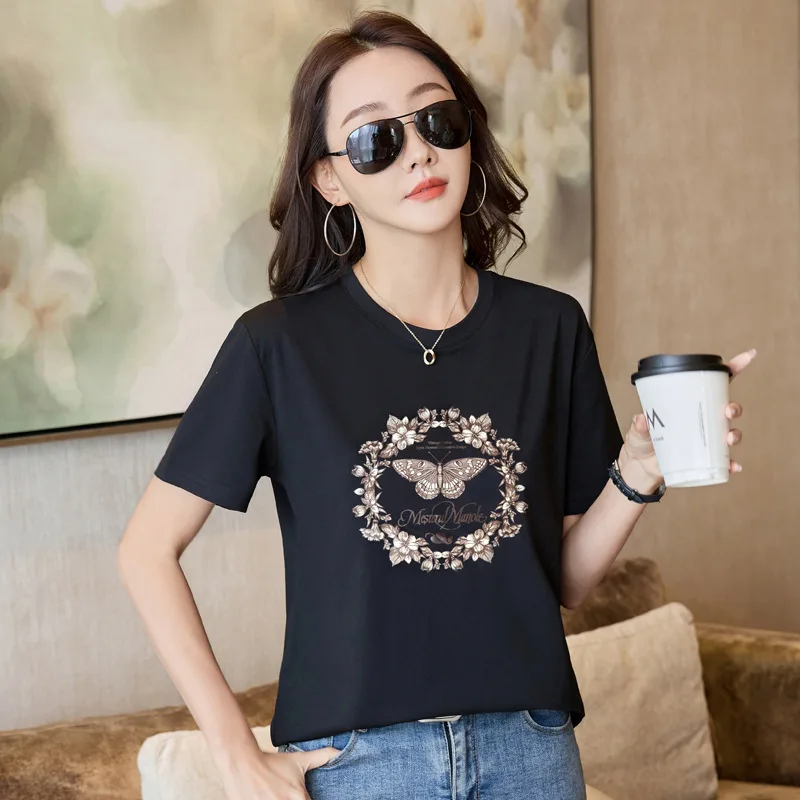 

New 2024 T Shirt For Women Short Sleeve O-neck Summer Tops Tees Fashion Y2K T-shirt Casual Cotton Female Tshirt Butterfly