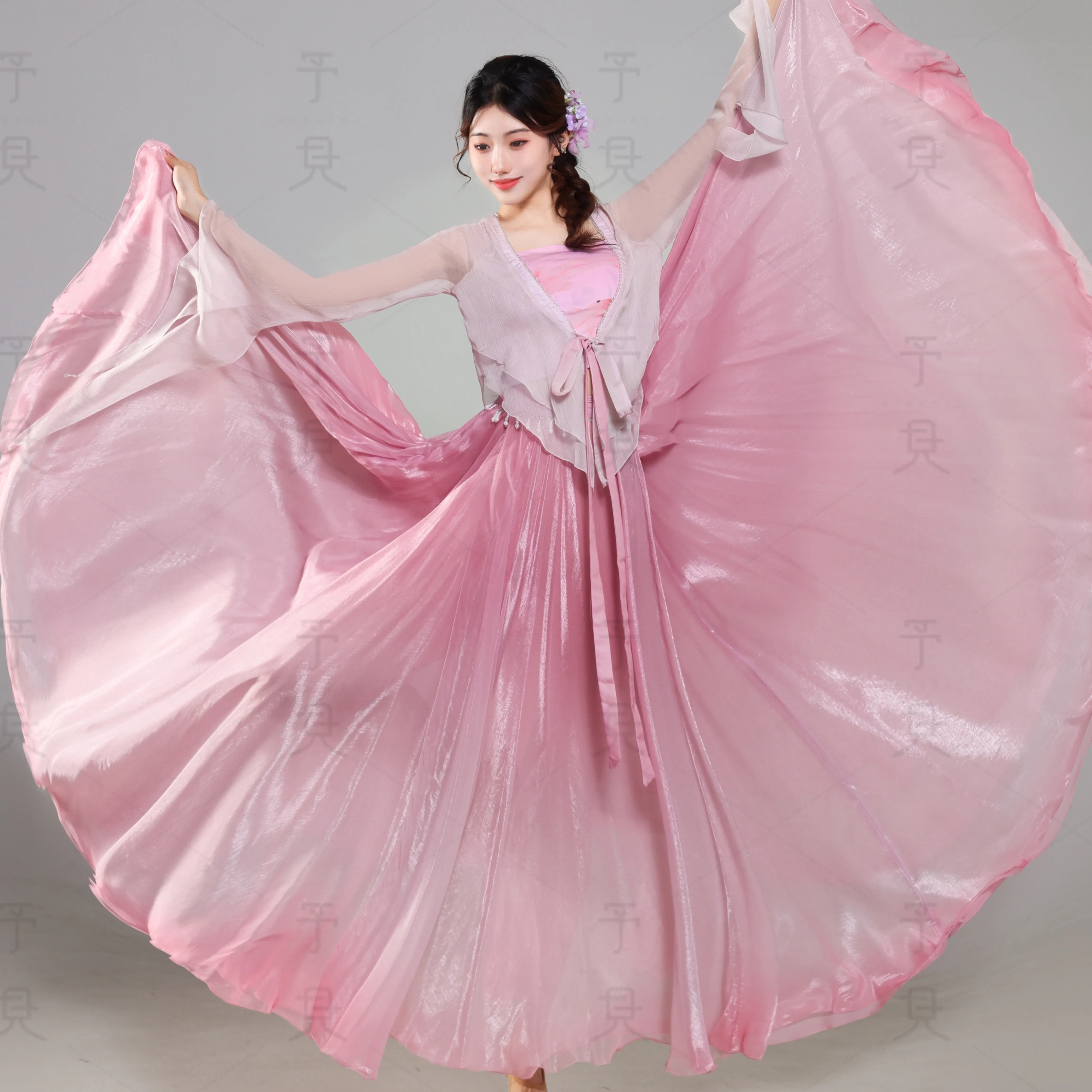Pink Gradient Classical Dance Shiny Chiffon Bow Front Long Sleeve Big Swing Skirt Stage Performance Costume