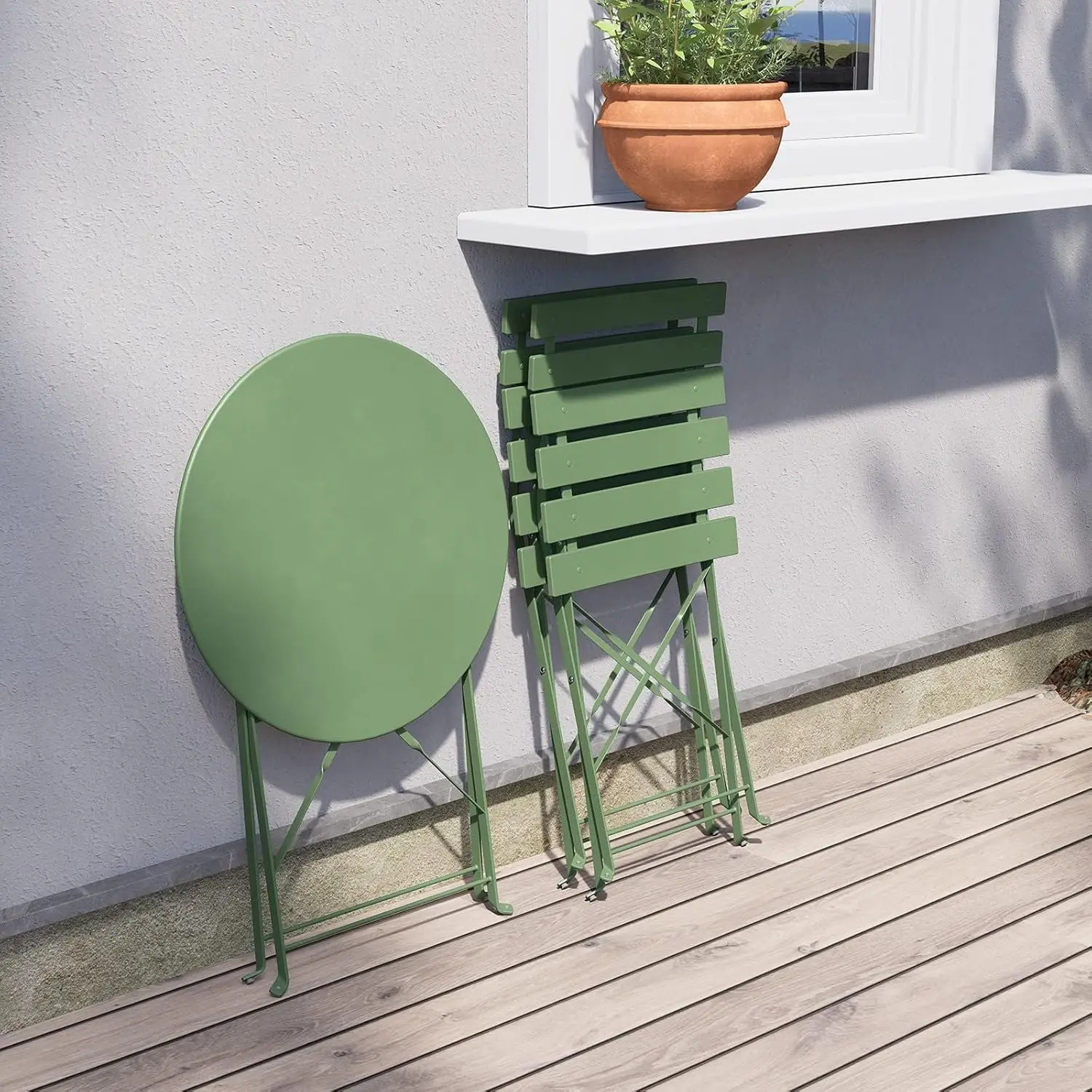 Conjunto de muebles plegables para exteriores, conjunto de mesa y sillas plegables, color verde salvia, 3 piezas