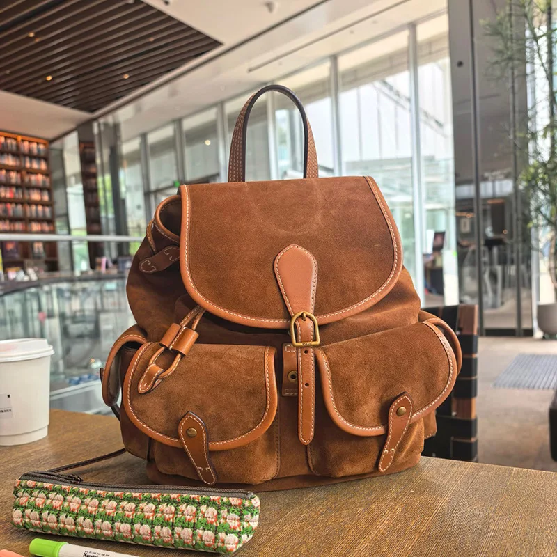 

New Vintage Women's Travel Backpack Large Capacity Commuter Suede School Bag College Students Brown Suede Bookbag