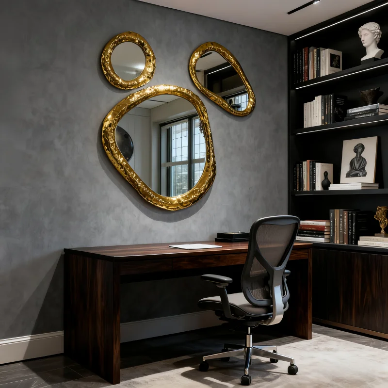 

Metal stainless steel golden mirror wall decoration, suitable for villas, hotels, offices, shops and other places.