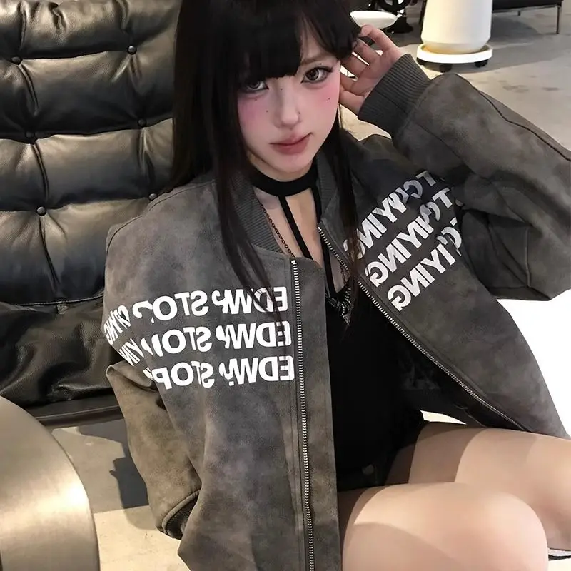 Trendy American Retro Baseball Jacket Coat for Women​  Retro Letter Print Pilot Jacket Perfect for Street Fashion Casual Wear