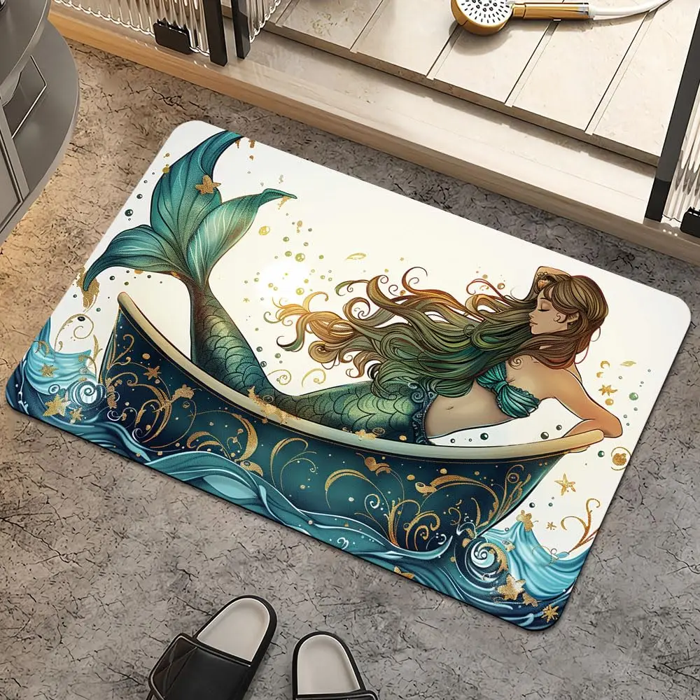 Bathroom Bath Mat Non-Slip Mermaid Fantasy Entrance Door Rug Super Absorbent Shower Kitchen Floor Carpet  Welcome Mat