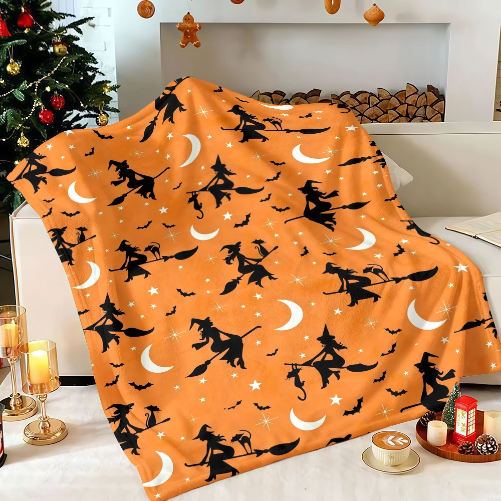 Halloween Witch Broom Moon Bat Silhouette Flannel Blanket Soft Fuzzy Plush Cozy Warm Throw for Sofa Bed Couch Home Decor