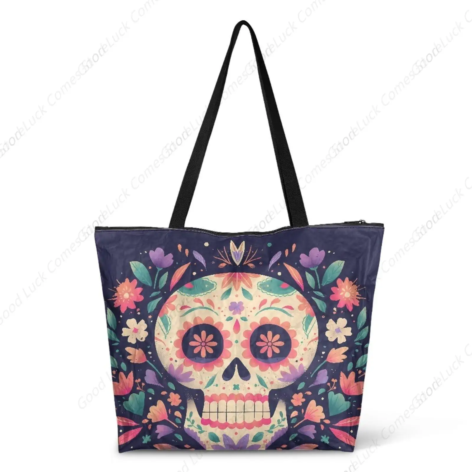 Day Of The Dead Tote Bags for Women Mexican Sugar Skulls Flowers Large Shoulder Handbag for Gym Travel, Dark Blue Paper Shopping