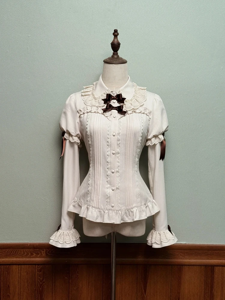 Japanes Sweet Lolita Style Bow Blouse Women Cute Y2k Aesthetic Slim Doll Collar Tops Autumn Elegant Long Sleeve Shirts New
