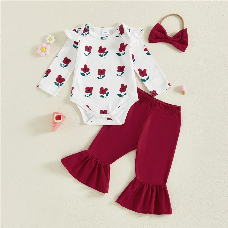 

Newborn Baby Girl Fall Outfits Floral Print Long Sleeve Romper with Solid Color Flare Pants and Bow Headband 3 Pcs Set