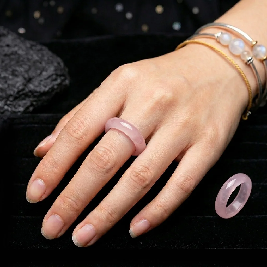 6mm Natural Stone Jade Pink Ring for Women, Solid Quartzite Gemstone Wedding Band Thumb Ring Fengshui Lucky Crystal Jewelry