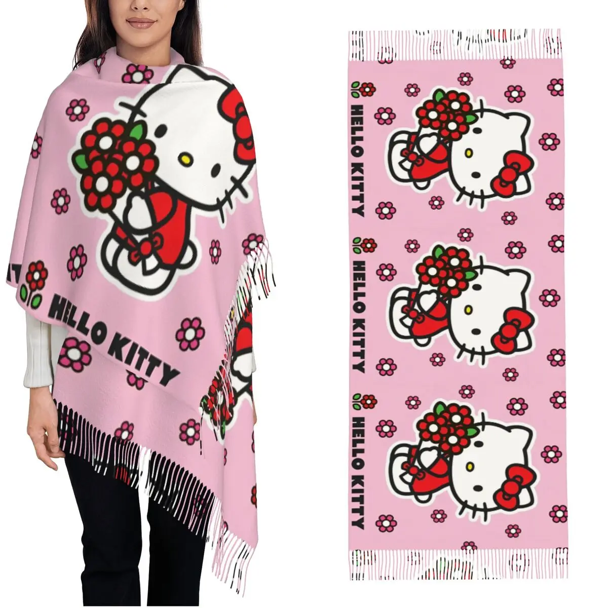 Hello Kitty Flowers Floral Scarf for Womens Warm Winter Pashmina Shawls and Wrap Cute Cartoon Long Large Shawl Scarf Daily Wear