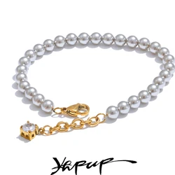 Yhpup High Quality Simulated Pearls Beads Zircon Handmade Exquisite Chain Bracelet Women Stainless Steel Elegant Korean Jewelry