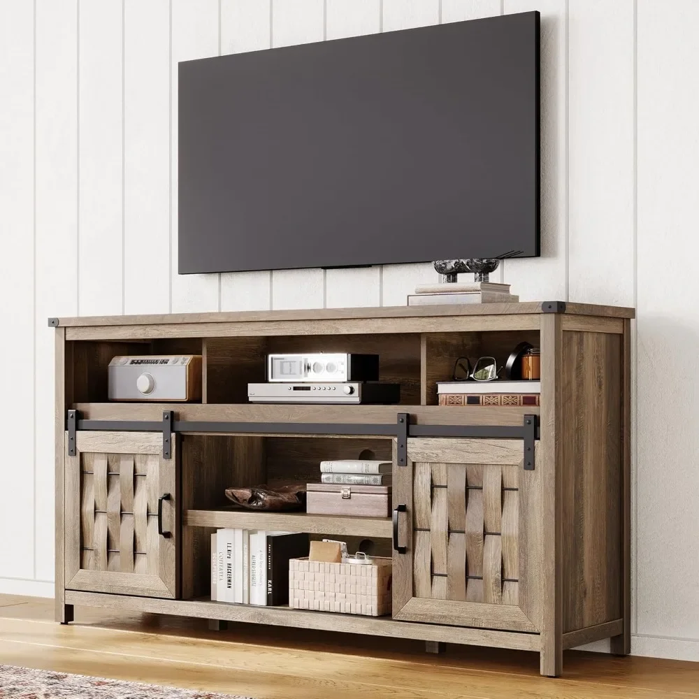 Farmhouse TV Stand for 65 Inch TV, Tall Highboy Entertainment Center with Sliding Barn Door, Rustic Media Console with Storage