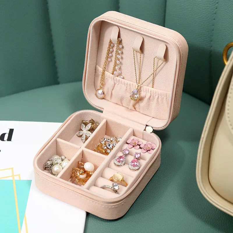 PU Leather Jewelry Storage Box Portable Organizer for Jewelry Travel Ring Small Box Trinket Box with Zipper