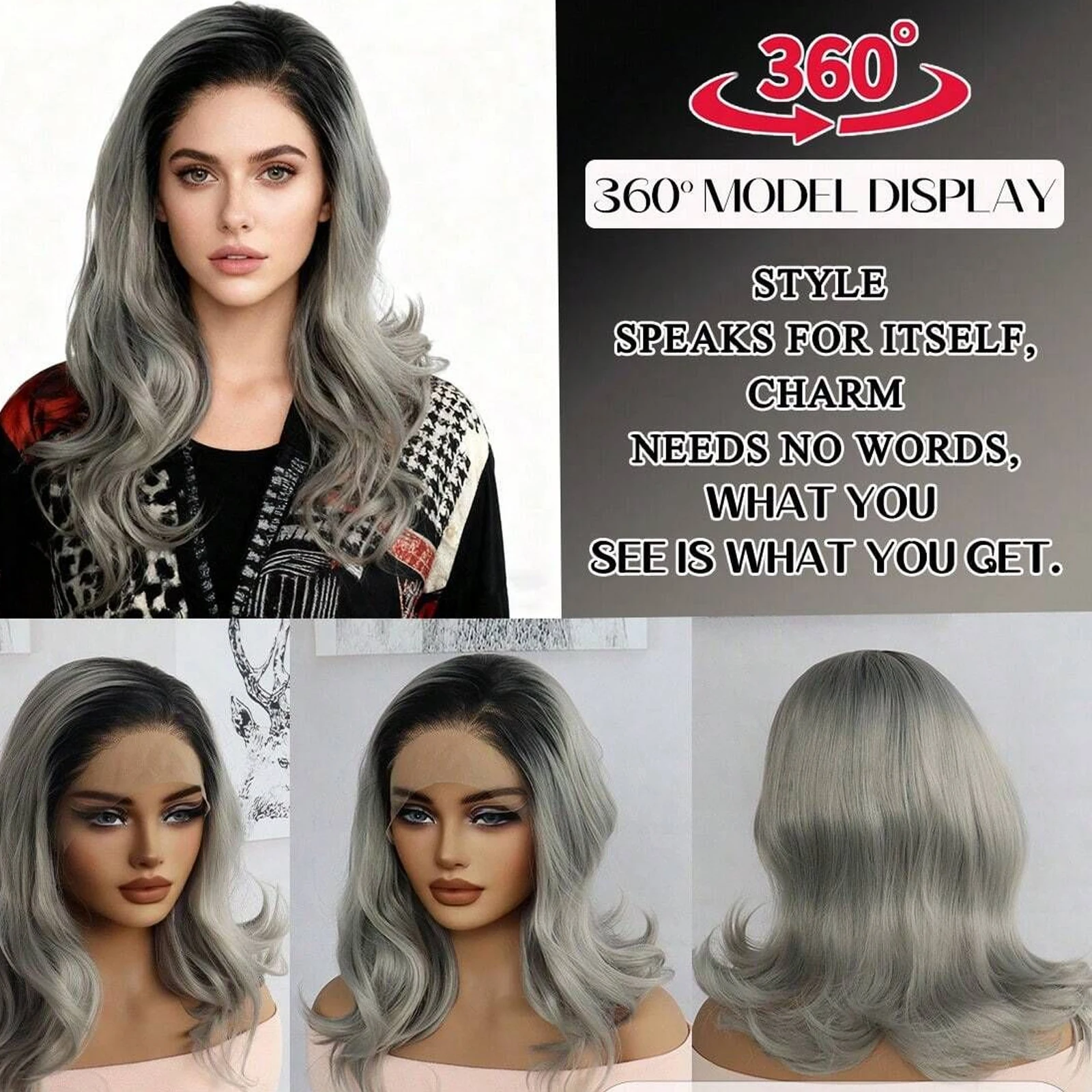 

Длинный волнистый синтетический парик фронта шнурка для женщин 13*3 HD синтетический парик шнурка (серый, пыльно-розовый)