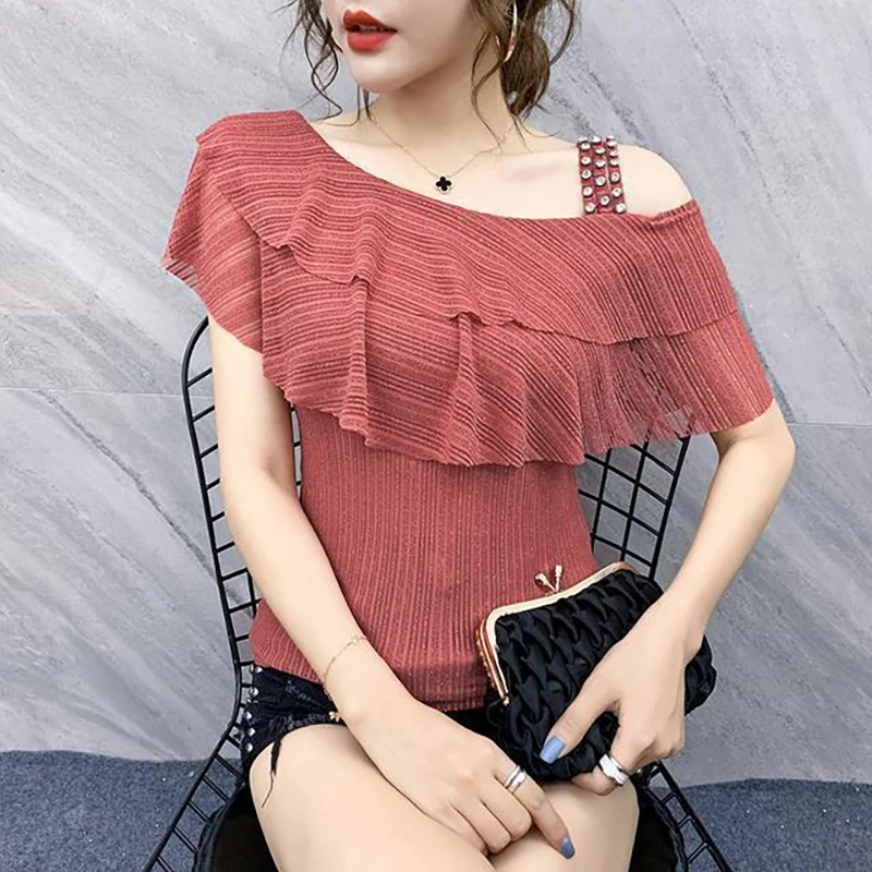 Fashion Slash Neck Beading Slip Ruffles Off Shoulder Blouses Women's Clothing 2024 Summer Loose Casual Tops Office Lady Shirts