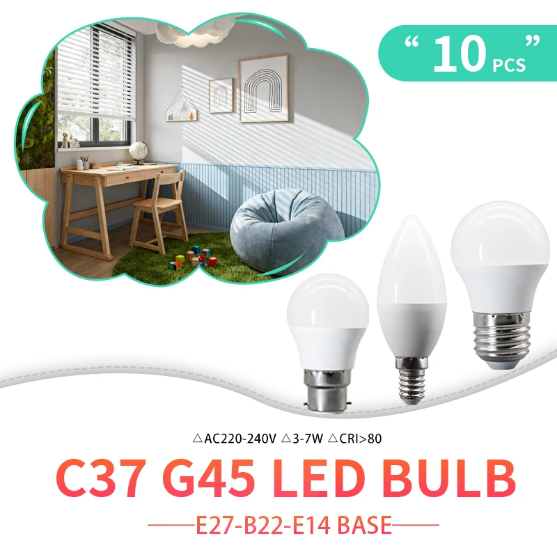 10PCS/LOT C37 G45 LED Candle Light Mini Bulb AC220V E14 E27 B22 Head Light Flicker-free 3W-7W Suitable for Home Study Lighting