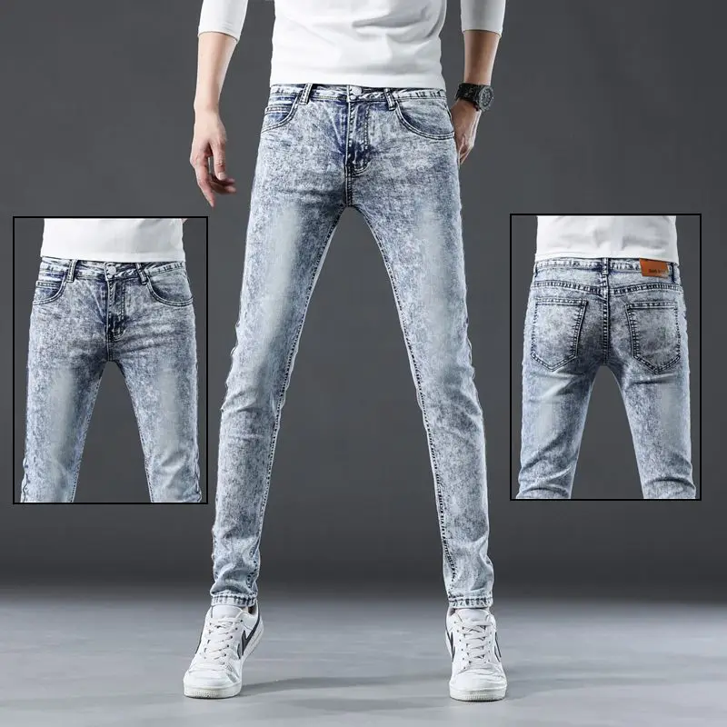 New Korean Style Fashion Korean Style Men's Jeans Slim Fit Pencil Pants for Spring Autumn Light Snow White Denim Washed Jeans