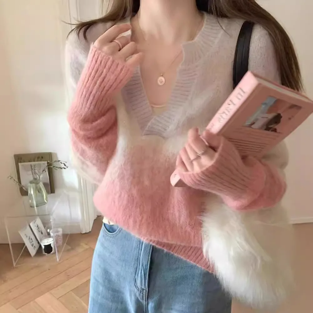 Women Knitted Pullovers Jumpers Gradient Sweaters V Neck Long Sleeve Loose Fit Office Lady Elegant Casual Autumn Winter 2026