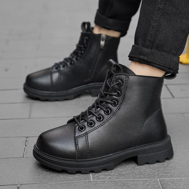 Children Leather Boots Waterproof Wear-resistant Boy Girl Outdoor High-top Casual Leather Shoe Child Velvet Warm Motorcycle Boot