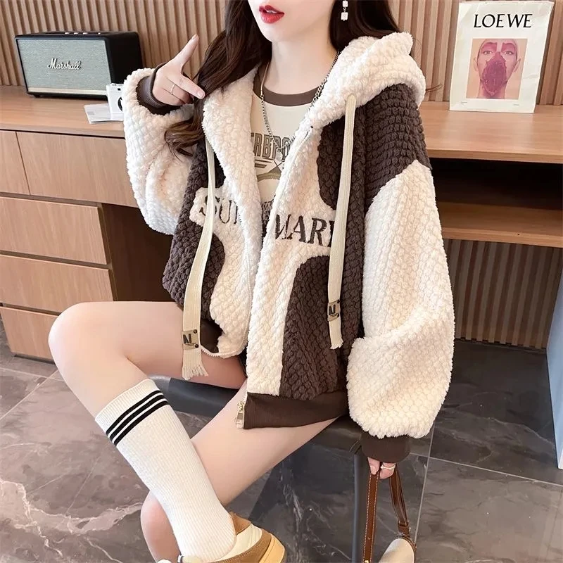 Hooded Hoodie for Women in Autumn Winter 2024 New Loose Stylish Contrasting Colors Plush Thickened Lamb Plush Small Jacket Trend
