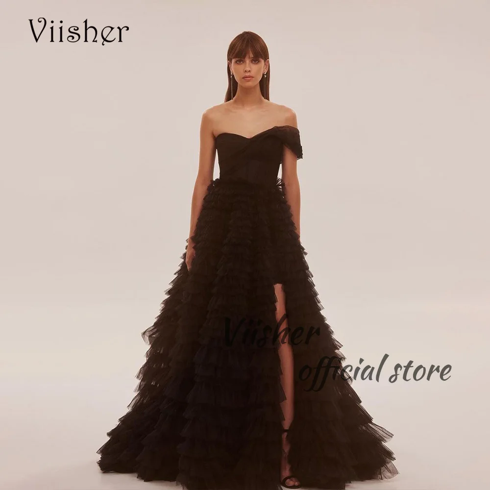 

Viisher Black Tulle A Line Evening Party Dress One Shoulder Tiered Long Prom Dress with Slit Celebrate Event Gowns Lace Up Back