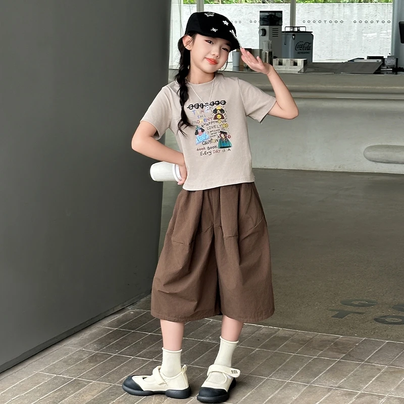 

Children Clothes Girl Summer Sweet Cute Cartoon Print Short Sleeve T Shirt and Loose Wide Leg Pants 2026 Interesting