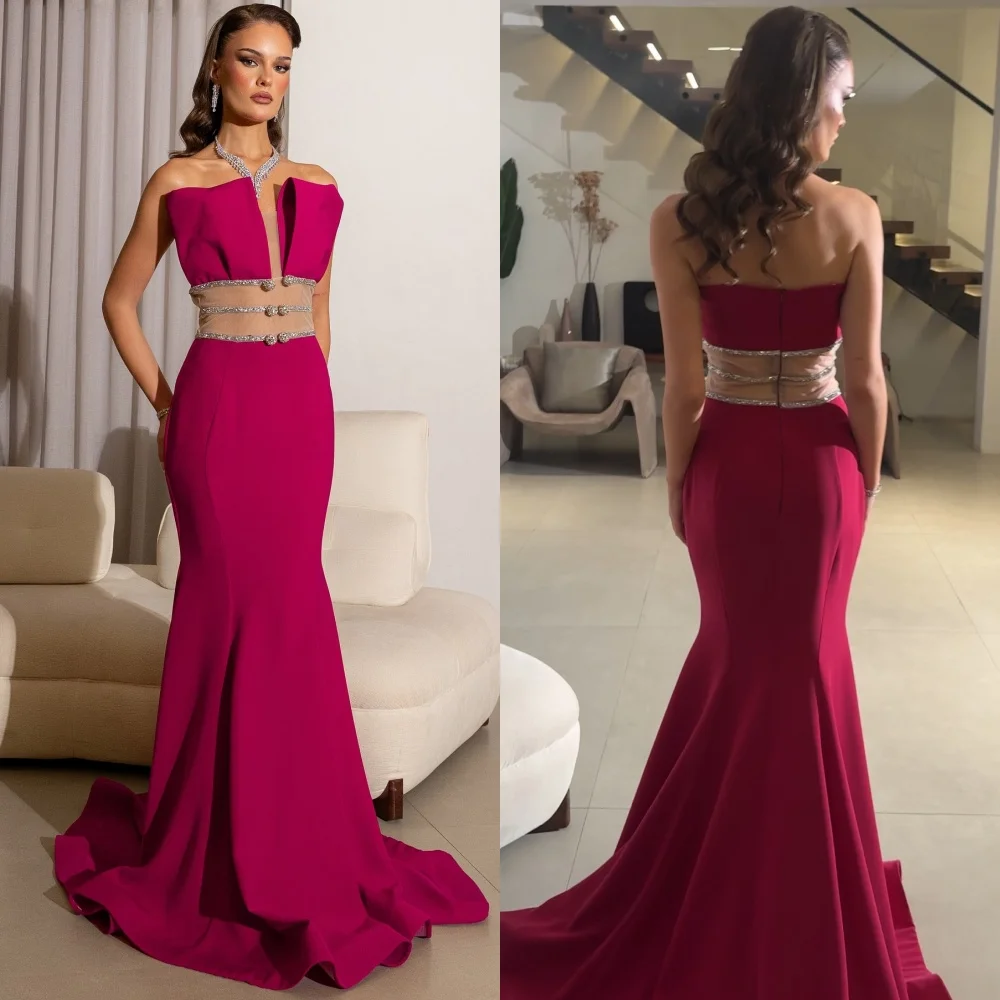 

Customized Classic Exquisite Jersey Sequined Pleat Trumpet Strapless Long Dresses Bespoke Occasion Simple