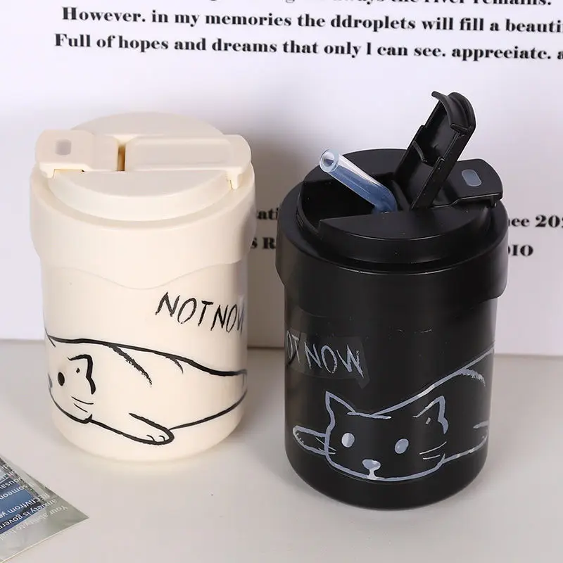 

Cat 316 Stainless Steel Straw Thermos Cup,450ML Double Drink Convenient Water Cup Sealed Insulated Milk Men's Women's Coffee Cup