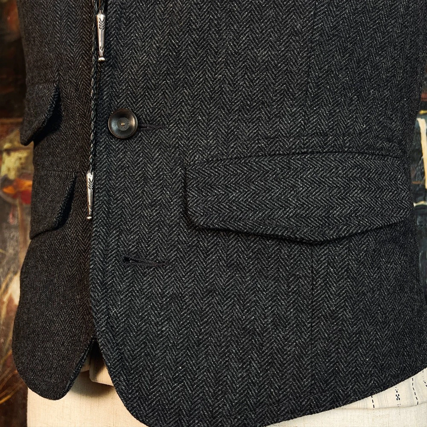 クラシックなヘリンボーンウールベスト（メンズ）、ヴィンテージスリムフィットベスト、ワークベスト、スリムフィットベスト、カーキミックスアンドマッチ