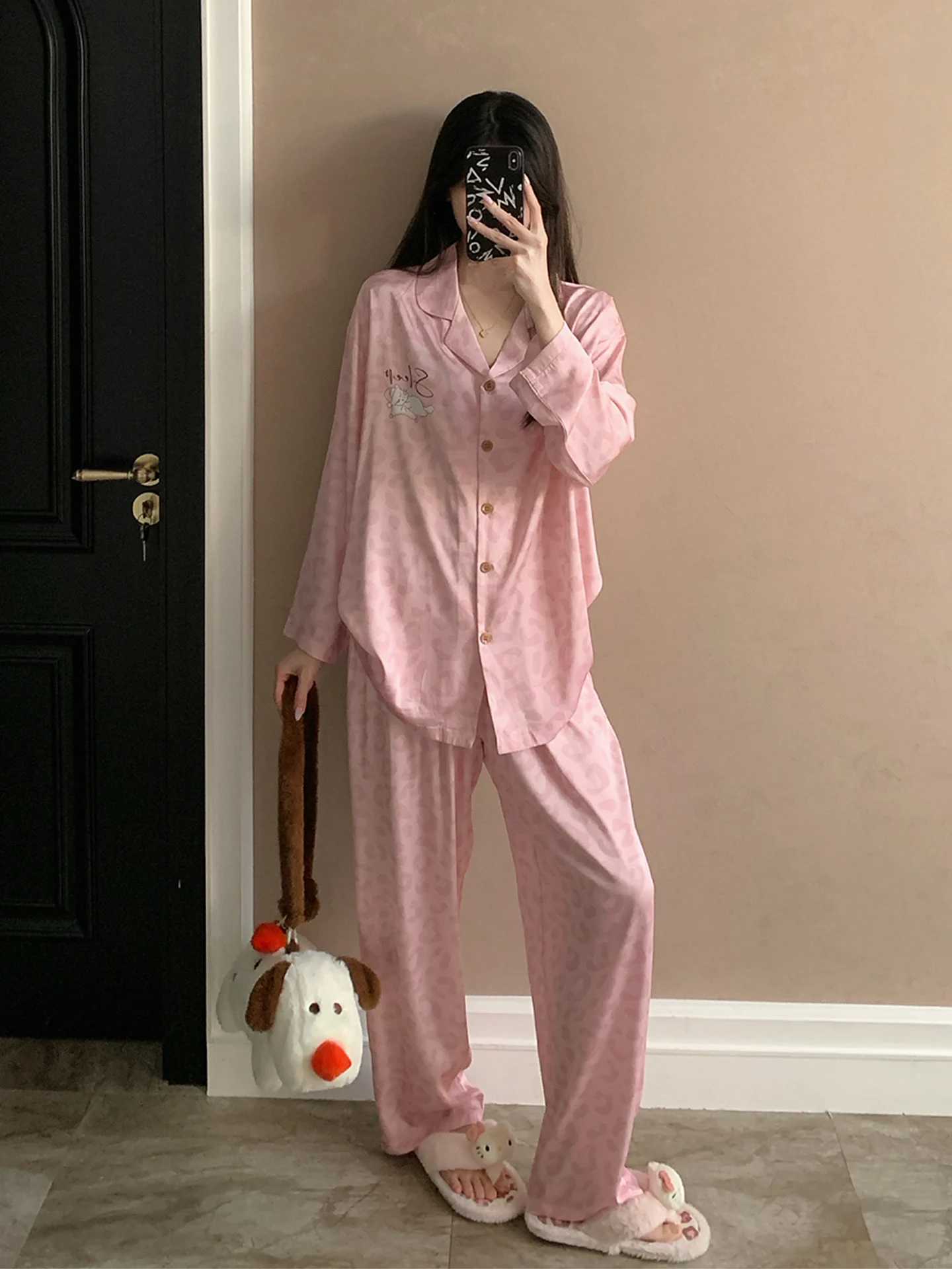 women's-sleepwear-long-sleeve-ice-silk-cardigan-home-clothes-pink-evening-set-large-size-outerwear-autumn-winter-pyjamas