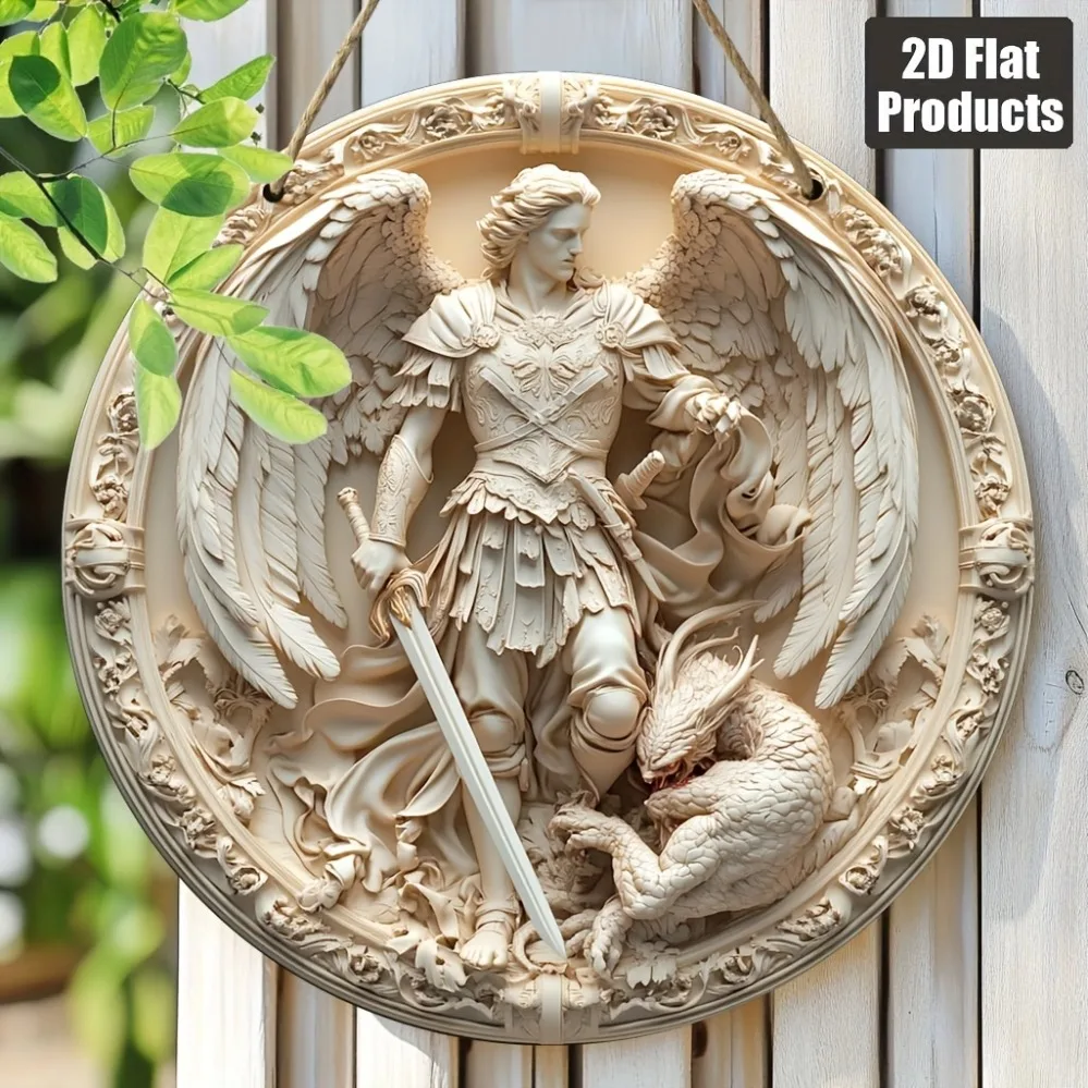 Vintage-Metallschild mit Michael-Angel-Motiv, rund, 20,3 x 20,3 cm, zum Aufhängen, für Zuhause, Feiertage, Dekoration