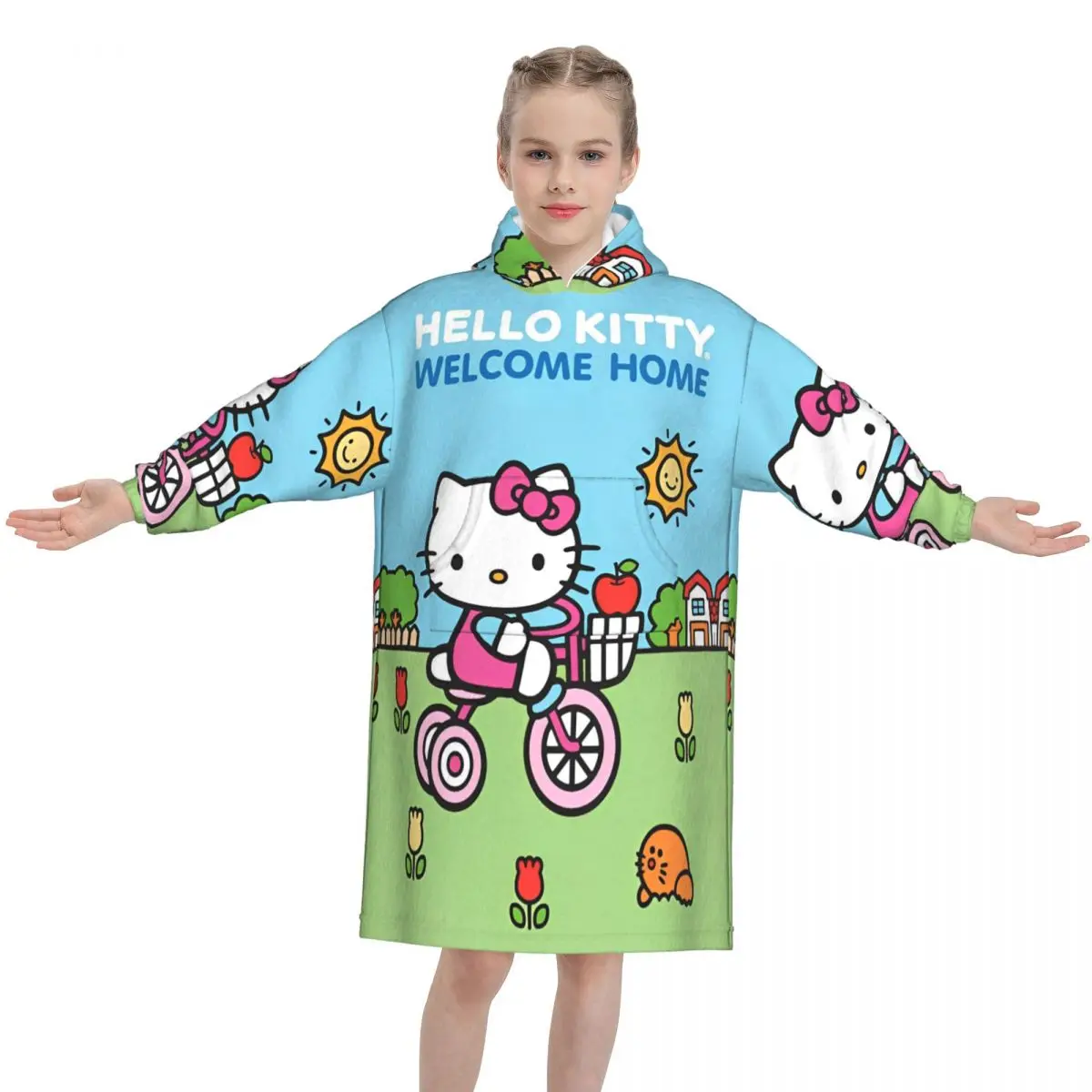 Hello Kitty Cycling Cartoon Blanket Hoodie Wearable For Children Onesie Blankets Large Sleeping with Pocket