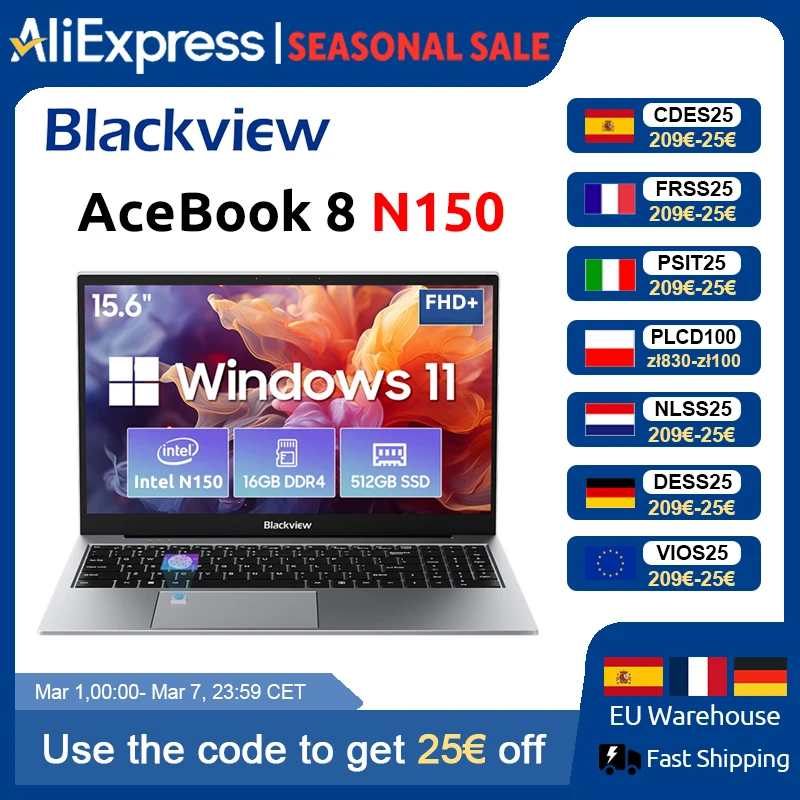 Blackview AceBook 8 Laptop 15.6" Procesador Intel N150 16GB RAM 512GB SSD + expansión hasta 1TB Windows 11 Home 15.6"